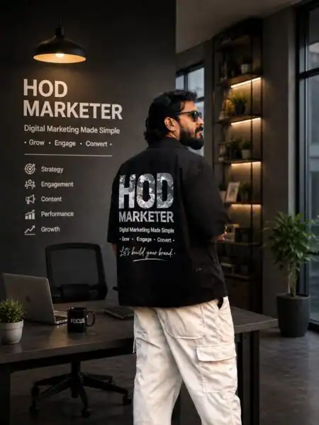 "A man viewed from behind, wearing a black shirt and white cargo pants, stands in a modern office in Calicut. On the black wall is the branded text 'HOD MARKETER' with the slogan 'Digital Marketing Made Simple'. A matching logo is also visible on his shirt. This visual is ideal for showcasing a digital marketing freelancer analyst in Calicut."
